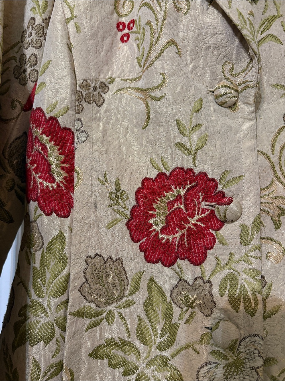 Apostrophe Beige Brocade Trench Coat with Red Floral Accents - Picture 3 of 5